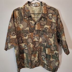 Vintage Thai Silk By Apple Brown & Green Short Sleeve Button Down Shirt - Xl